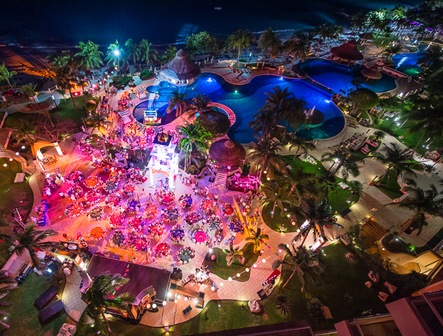 An aerial view of a corporate party on the terrace at the Grand Fiesta Americana hotel in Cancun, Mexico.