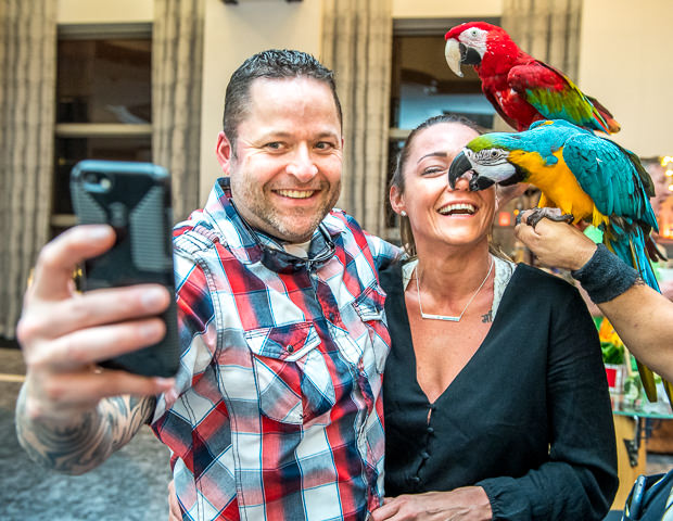 A couple attending a leadership summit in South Florida pose for a selfie with a pair of well-trained parrots.