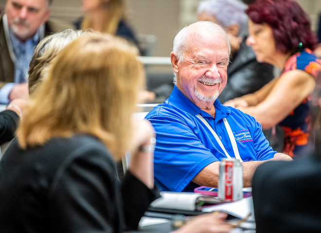 A breakout session attendee reacts to a fellow attendee during the CLEAR conference in Minneapolis.
