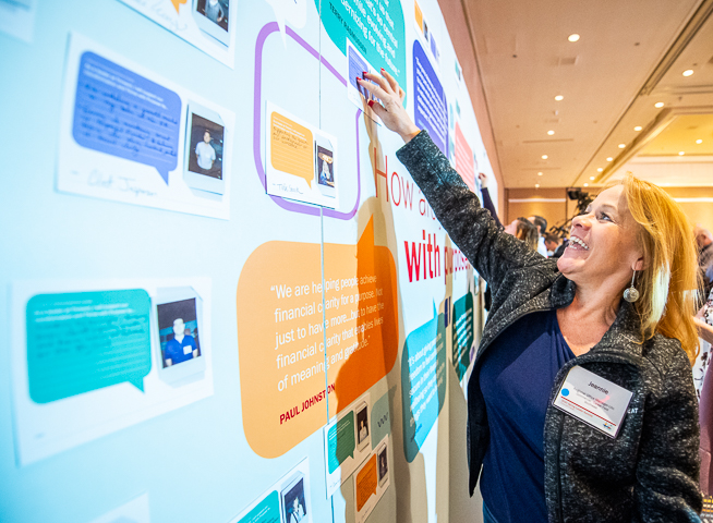 A corporate conference attendee places her photo and quote reacting to a pending reorganization.
