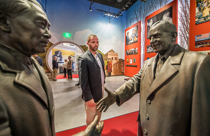 A leadership conference attendee contemplates a recreation of the first meeting between Richard Nixon and Zhou Enlai at the Nixon Presidential Library in Yorba Linda, CA.