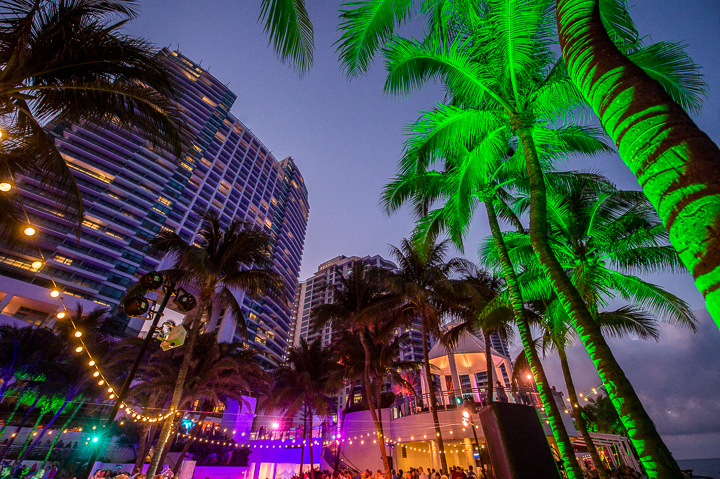 The beachfront terrace at the Diplomat Hotel in Hollywood, FL is decorated for a corporate party.