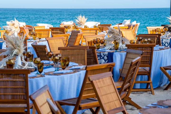 Tables set for a beachside Welcome Dinner at the Grand Velas Hotel in Mexico.