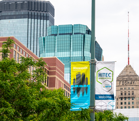 Street signage welcomed attendees for HFTP's HITEC conference and trade show to Minneapolis.