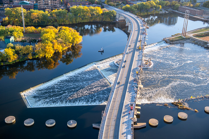 An aerial view of the coffer dams built around piers and within St Anthony Falls for the 3rd Ave bridge on the Mississippi River.