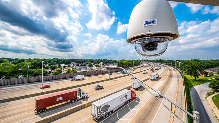 A traffic camera keeps watch over the part of the Illinois Tollway system.